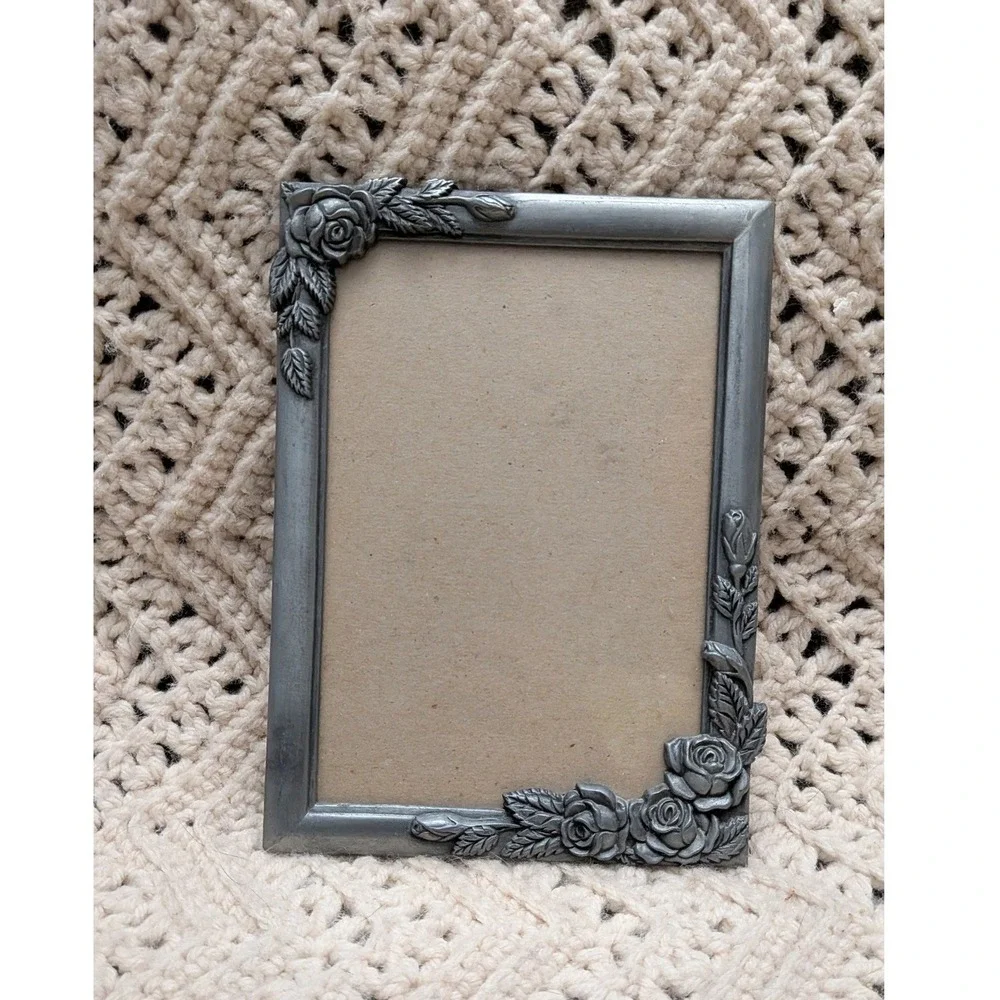 Roman Inc Vintage Pewter Tone Rose Floral Picture Frame 4.5x6.5 92282
